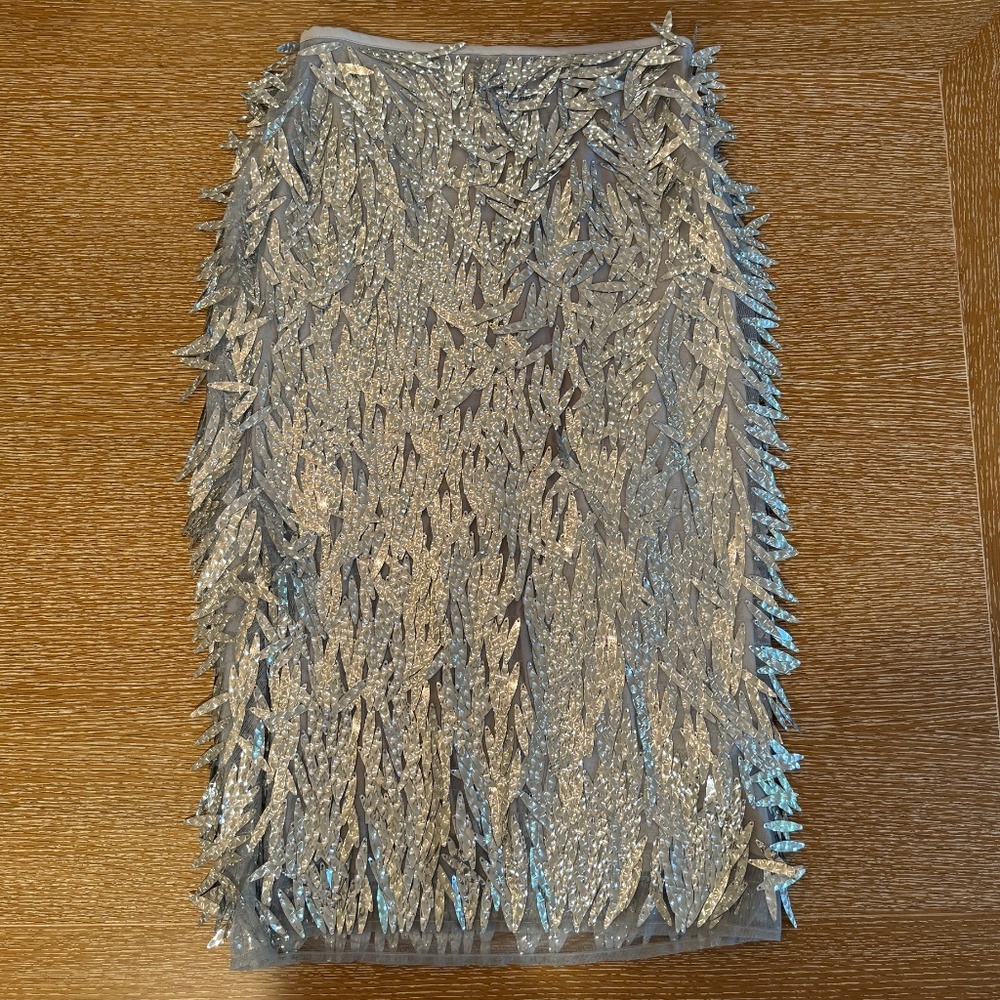 NWT ANTHROPOLOGIE Silver Sequin Fringed Midi Skirt, Size 2